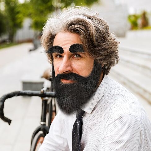 Lusofie Fake Facial Hair Black Fake Mustaches for Men Classic Self-adhesive Fake Beard and Fake Eyebrows Set, Black Novel Beard for Cosplay Costumes ，Holiday Parties Halloween (Black) in Saudi Arabia