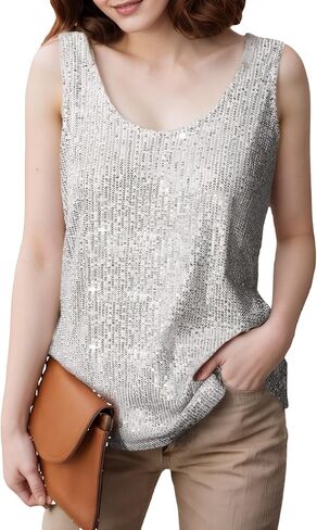 Sequin Sleeveless Tank Tops for Women, Scoop Neck Womens Silver Sparkly top in Kuwait