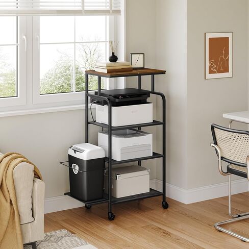 حامل طابعة مع محطة شحن، طاولة طابعة كبيرة طويلة مع عجلات للمكتب المنزلي، عربة طابعة 4 طبقات مع رف تمزيق، رف للماسح الضوئي للطابعة، بني ريفي PTHR114E01 in Kuwait