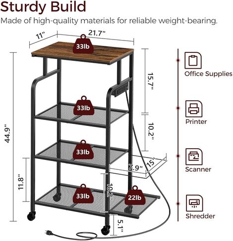 حامل طابعة مع محطة شحن، طاولة طابعة كبيرة طويلة مع عجلات للمكتب المنزلي، عربة طابعة 4 طبقات مع رف تمزيق، رف للماسح الضوئي للطابعة، بني ريفي PTHR114E01 in Kuwait
