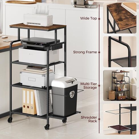حامل طابعة مع محطة شحن، طاولة طابعة كبيرة طويلة مع عجلات للمكتب المنزلي، عربة طابعة 4 طبقات مع رف تمزيق، رف للماسح الضوئي للطابعة، بني ريفي PTHR114E01 in Kuwait