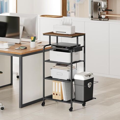 حامل طابعة مع محطة شحن، طاولة طابعة كبيرة طويلة مع عجلات للمكتب المنزلي، عربة طابعة 4 طبقات مع رف تمزيق، رف للماسح الضوئي للطابعة، بني ريفي PTHR114E01 in Kuwait