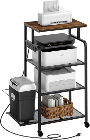 حامل طابعة مع محطة شحن، طاولة طابعة كبيرة طويلة مع عجلات للمكتب المنزلي، عربة طابعة 4 طبقات مع رف تمزيق، رف للماسح الضوئي للطابعة، بني ريفي PTHR114E01 in Kuwait