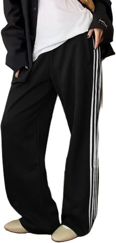 Luckinbaby Women Side Striped Track Pants Elastic Waist Wide Leg Sweatpants Contrast Stripes Drawstring Baggy Joggers in Saudi Arabia