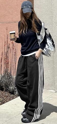 Luckinbaby Women Side Striped Track Pants Elastic Waist Wide Leg Sweatpants Contrast Stripes Drawstring Baggy Joggers in Saudi Arabia