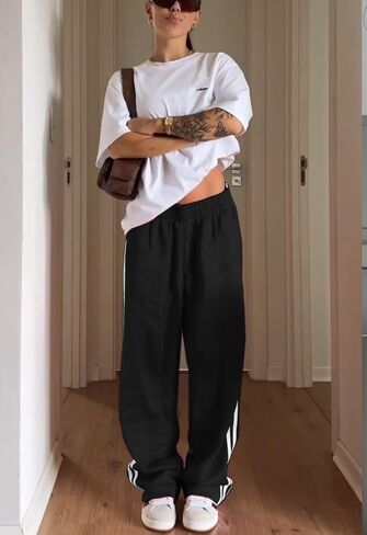 Luckinbaby Women Side Striped Track Pants Elastic Waist Wide Leg Sweatpants Contrast Stripes Drawstring Baggy Joggers in Saudi Arabia