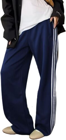 Luckinbaby Women Side Striped Track Pants Elastic Waist Wide Leg Sweatpants Contrast Stripes Drawstring Baggy Joggers in Saudi Arabia