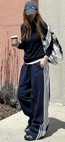 Luckinbaby Women Side Striped Track Pants Elastic Waist Wide Leg Sweatpants Contrast Stripes Drawstring Baggy Joggers in Saudi Arabia