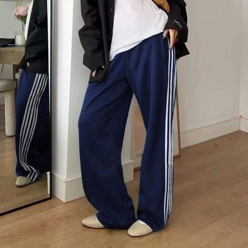 Luckinbaby Women Side Striped Track Pants Elastic Waist Wide Leg Sweatpants Contrast Stripes Drawstring Baggy Joggers in Saudi Arabia