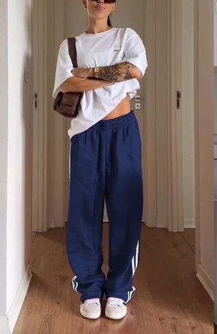 Luckinbaby Women Side Striped Track Pants Elastic Waist Wide Leg Sweatpants Contrast Stripes Drawstring Baggy Joggers in Saudi Arabia