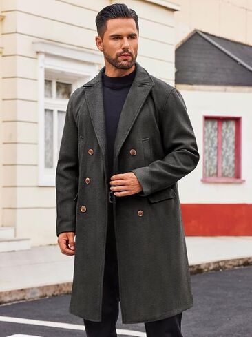 Runcati Mens Trench Coat Notch Lapel Slim Fit Double Breasted Casual Long Business Pea Coat Overcoat in Saudi Arabia