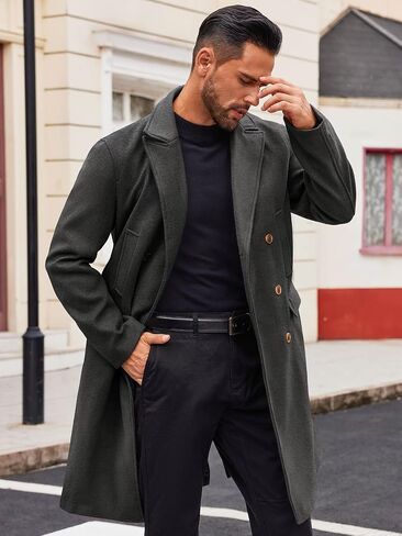 Runcati Mens Trench Coat Notch Lapel Slim Fit Double Breasted Casual Long Business Pea Coat Overcoat in Saudi Arabia