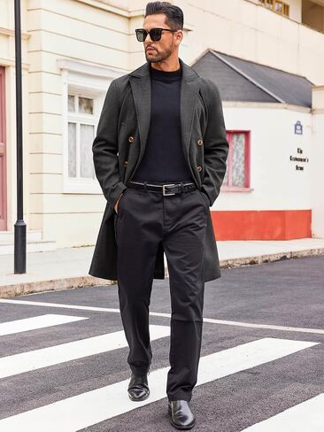 Runcati Mens Trench Coat Notch Lapel Slim Fit Double Breasted Casual Long Business Pea Coat Overcoat in Saudi Arabia