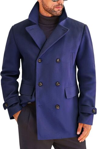 Runcati Mens Trench Coat Notch Lapel Double Breasted Casual Pea Coat Winter Warm Classic Overcoat in Saudi Arabia