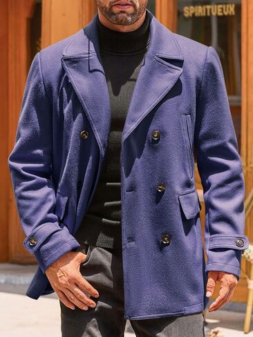 Runcati Mens Trench Coat Notch Lapel Double Breasted Casual Pea Coat Winter Warm Classic Overcoat in Saudi Arabia
