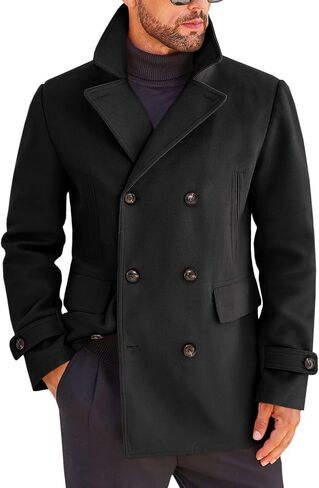 Runcati Mens Trench Coat Notch Lapel Double Breasted Casual Pea Coat Winter Warm Classic Overcoat in Saudi Arabia