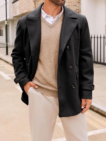 Runcati Mens Trench Coat Notch Lapel Double Breasted Casual Pea Coat Winter Warm Classic Overcoat in Saudi Arabia