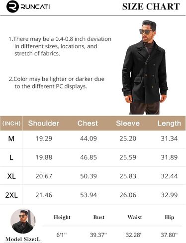 Runcati Mens Trench Coat Notch Lapel Double Breasted Casual Pea Coat Winter Warm Classic Overcoat in Saudi Arabia