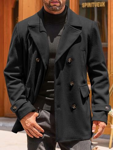 Runcati Mens Trench Coat Notch Lapel Double Breasted Casual Pea Coat Winter Warm Classic Overcoat in Saudi Arabia
