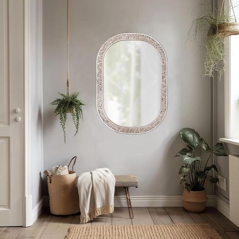 Rustic Oval Rattan Mirrors for Wall 16 X 24 Inch, Hanging Wood Frame Mirrors for Bedroom, Handmade Unique Coastal Mirror Wall Decorative for Bathroom Entryway, Horizontal or Vertical in Saudi Arabia