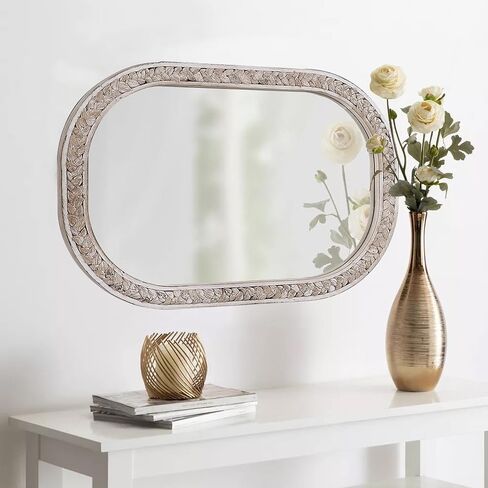 Rustic Oval Rattan Mirrors for Wall 16 X 24 Inch, Hanging Wood Frame Mirrors for Bedroom, Handmade Unique Coastal Mirror Wall Decorative for Bathroom Entryway, Horizontal or Vertical in Saudi Arabia