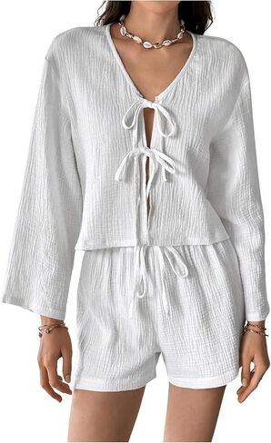 MakeMeChic Women's 2 Piece Outfits Casual Tie Front Bell Sleeve Blouse Tops and Wide Leg Shorts Set in Saudi Arabia