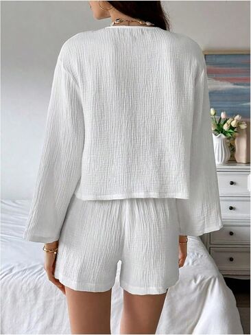 MakeMeChic Women's 2 Piece Outfits Casual Tie Front Bell Sleeve Blouse Tops and Wide Leg Shorts Set in Saudi Arabia
