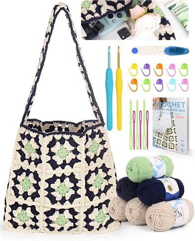 Aeelike Crochet Bag Kit, Shoulder Bag Crochet Kit Crochet Tote Bag Kit for Beginners with Step-by-Step Instructions & Crochet Accessories Tools for Adults Kids Crocheting Lovers, Crochet Gift in Saudi Arabia