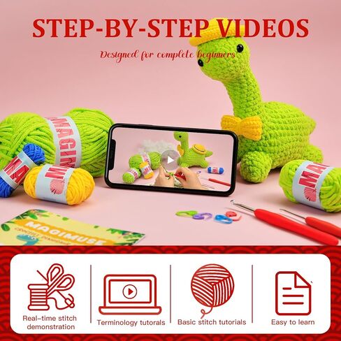 MAGIMUSE Crochet Kit for Beginners, Amigurumi Crocheting Animals Kits w Step-by-Step Video Tutorials, Knitting Starter Kit Learn to Crochet Kits for Adults, Brachiosaurus Dinosaur (40%+ Yarn Content) in Kuwait