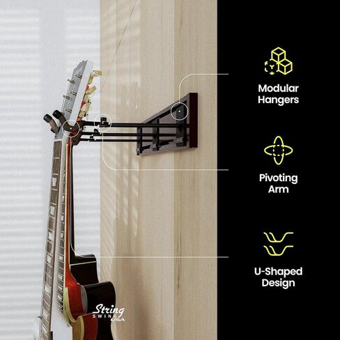 رف حائط جيتار SW5RL-C-K من String Swing - شماعة جيتار متعددة - حامل جيتار مثبت على الحائط للقيثارات الصوتية والكهربائية - 5 شماعات ذراع مبطنة شديدة التحمل وسكك حديدية نحاسية - صنع في الولايات المتحدة الأمريكية in Kuwait