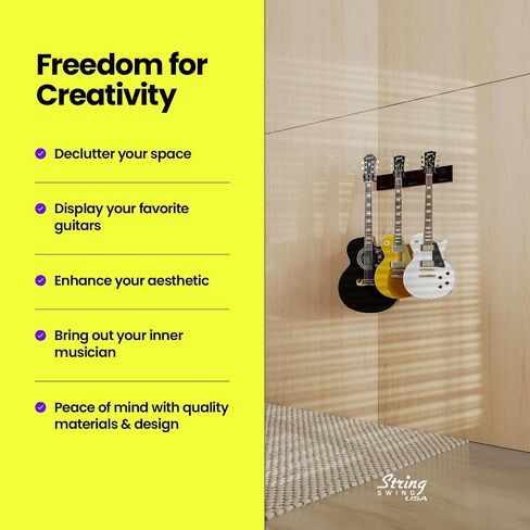 رف حائط جيتار SW5RL-C-K من String Swing - شماعة جيتار متعددة - حامل جيتار مثبت على الحائط للقيثارات الصوتية والكهربائية - 5 شماعات ذراع مبطنة شديدة التحمل وسكك حديدية نحاسية - صنع في الولايات المتحدة الأمريكية in Kuwait