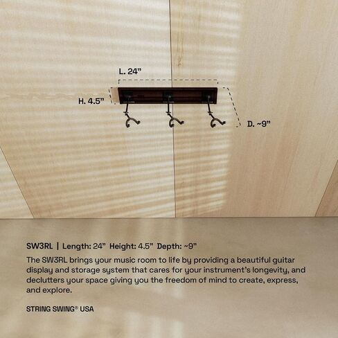 رف حائط جيتار SW5RL-C-K من String Swing - شماعة جيتار متعددة - حامل جيتار مثبت على الحائط للقيثارات الصوتية والكهربائية - 5 شماعات ذراع مبطنة شديدة التحمل وسكك حديدية نحاسية - صنع في الولايات المتحدة الأمريكية in Kuwait