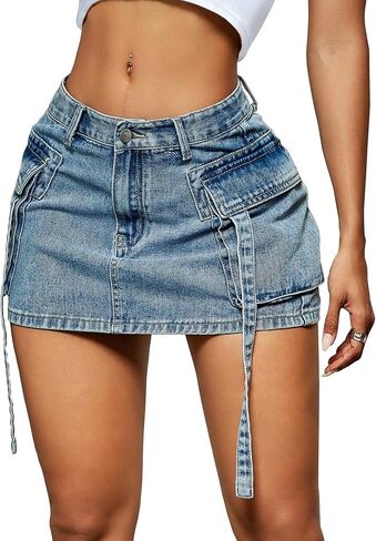 Women Cargo Skirt Denim Mini Low Waist Y2K Jean Skirts with Pockets in Saudi Arabia