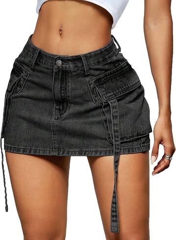 Women Cargo Skirt Denim Mini Low Waist Y2K Jean Skirts with Pockets in Saudi Arabia