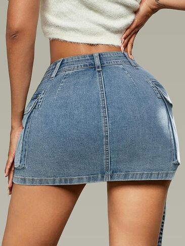 Women Cargo Skirt Denim Mini Low Waist Y2K Jean Skirts with Pockets in Saudi Arabia