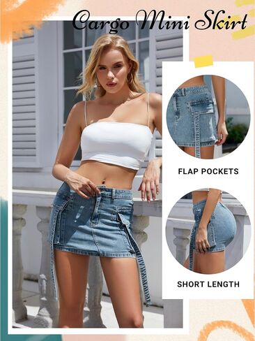 Women Cargo Skirt Denim Mini Low Waist Y2K Jean Skirts with Pockets in Saudi Arabia