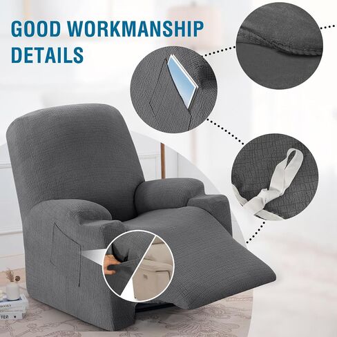 H.VERSAILTEX 100% Waterproof Stretch Couch Cover Recliner Cover Electric Power Lift Recliner Chair Cover for Elderly Fitted Standard Large Recliner with Side Pocket, Soft Thick Jacquard,Grey in Kuwait