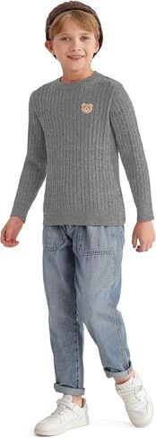Boys Fall Twisted Knit Cable Sweaters Kids Winter Long Sleeve Warm Soft Pullover Outfits with Bear Embroidery 6-12Years in Saudi Arabia