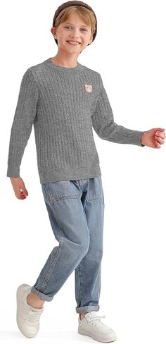 Boys Fall Twisted Knit Cable Sweaters Kids Winter Long Sleeve Warm Soft Pullover Outfits with Bear Embroidery 6-12Years in Saudi Arabia