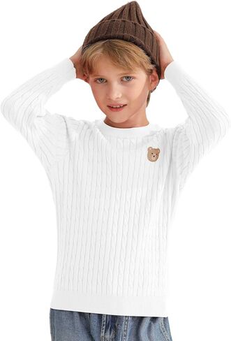 Boys Fall Twisted Knit Cable Sweaters Kids Winter Long Sleeve Warm Soft Pullover Outfits with Bear Embroidery 6-12Years in Saudi Arabia