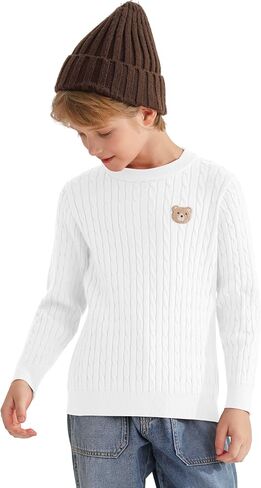 Boys Fall Twisted Knit Cable Sweaters Kids Winter Long Sleeve Warm Soft Pullover Outfits with Bear Embroidery 6-12Years in Saudi Arabia