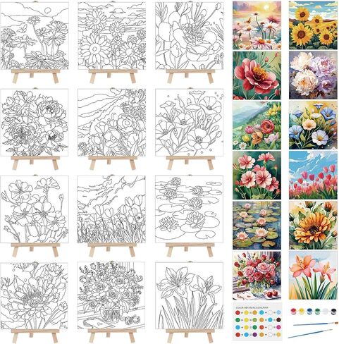 Tenceur 12 Sets Ramadan Pre Drawn Painting Canvas Kit for Adults & Kids Pre Printed Stretched Canvas with Mini Easels, Acrylic Paints and Brushes DIY Islamic Art Craft for Eid, Party and Home Decor in Kuwait