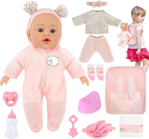 deAO دمية طفل 12 بوصة مع حقيبة ظهر حاملة Playset 14 قطعة دمية طفل ناعمة مع ملابس زجاجة وإكسسوارات مجموعة دمية طفل لعبة للأطفال الصغار in Saudi Arabia