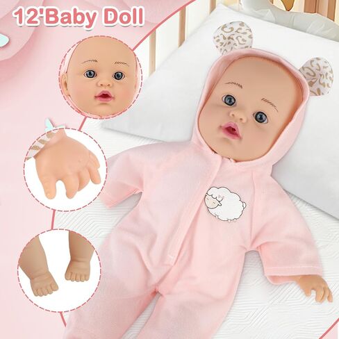 deAO دمية طفل 12 بوصة مع حقيبة ظهر حاملة Playset 14 قطعة دمية طفل ناعمة مع ملابس زجاجة وإكسسوارات مجموعة دمية طفل لعبة للأطفال الصغار in Saudi Arabia