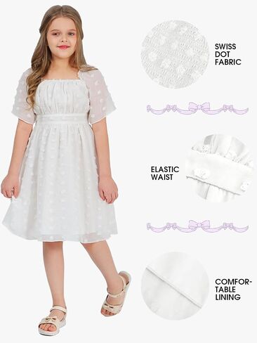 EXLURA Girls 2024 Summer Dresses Short Sleeve Swiss Dot Square Neck Flowy A Line Kids Dress Casual Party Midi Dress 6-15Y in Saudi Arabia