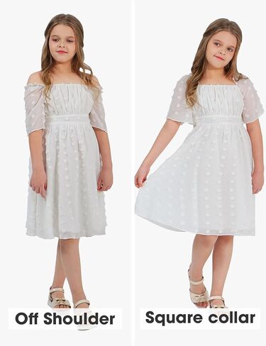 EXLURA Girls 2024 Summer Dresses Short Sleeve Swiss Dot Square Neck Flowy A Line Kids Dress Casual Party Midi Dress 6-15Y in Saudi Arabia