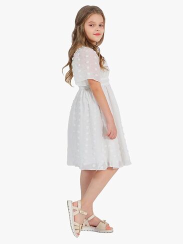 EXLURA Girls 2024 Summer Dresses Short Sleeve Swiss Dot Square Neck Flowy A Line Kids Dress Casual Party Midi Dress 6-15Y in Saudi Arabia