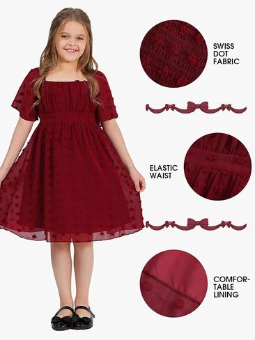 EXLURA Girls 2024 Summer Dresses Short Sleeve Swiss Dot Square Neck Flowy A Line Kids Dress Casual Party Midi Dress 6-15Y in Saudi Arabia
