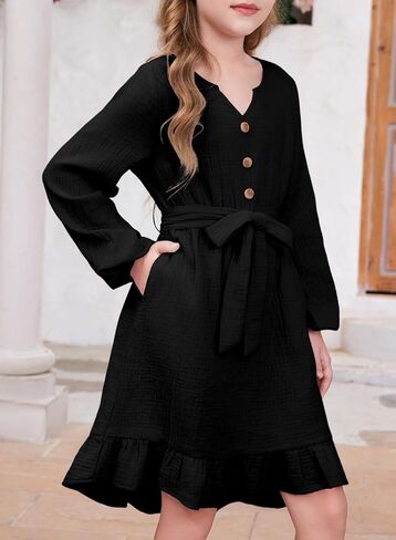 blibean Girls Cotton Long Sleeve Dresses Ruffled Semi Formal Dress Size 6-15 Years in Kuwait