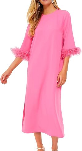 فستان نسائي طويل للتمدد قابل للتمدد، فساتين مريحة باللون الوردي للفتيات المراهقات، مقاس متوسط in Kuwait